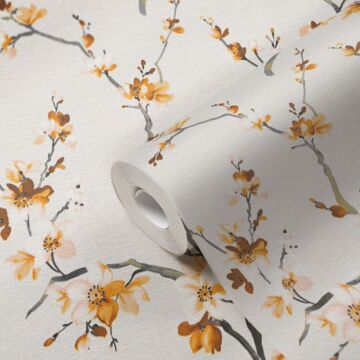 papier peint fleurs blanc, jaune et gris de Livingwalls
