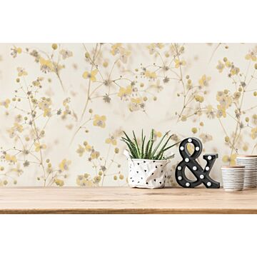 papier peint fleurs jaune, blanc et gris de Livingwalls