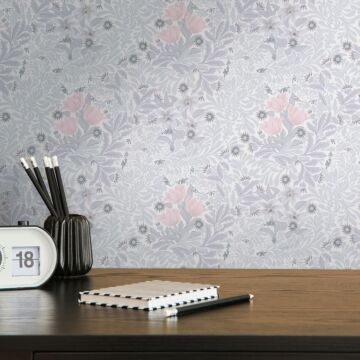 papier peint fleurs gris, rose et blanc de Livingwalls