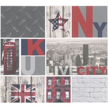 papier peint New York gris, rouge et bleu de A.S. Création